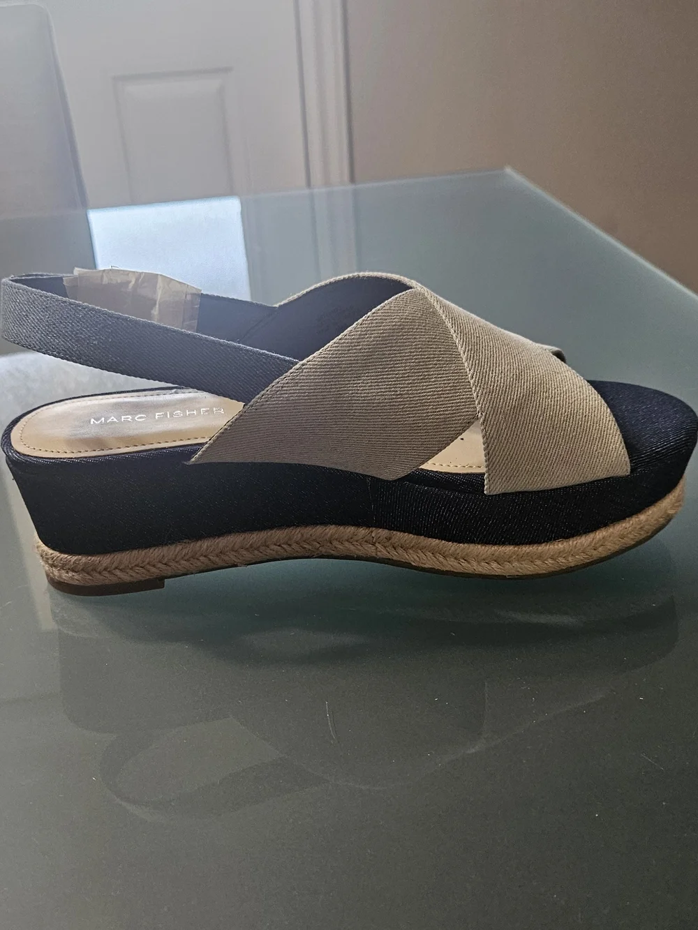 Marc Fisher Navy and Beige Crisscross Espadrille Wedge Sandal